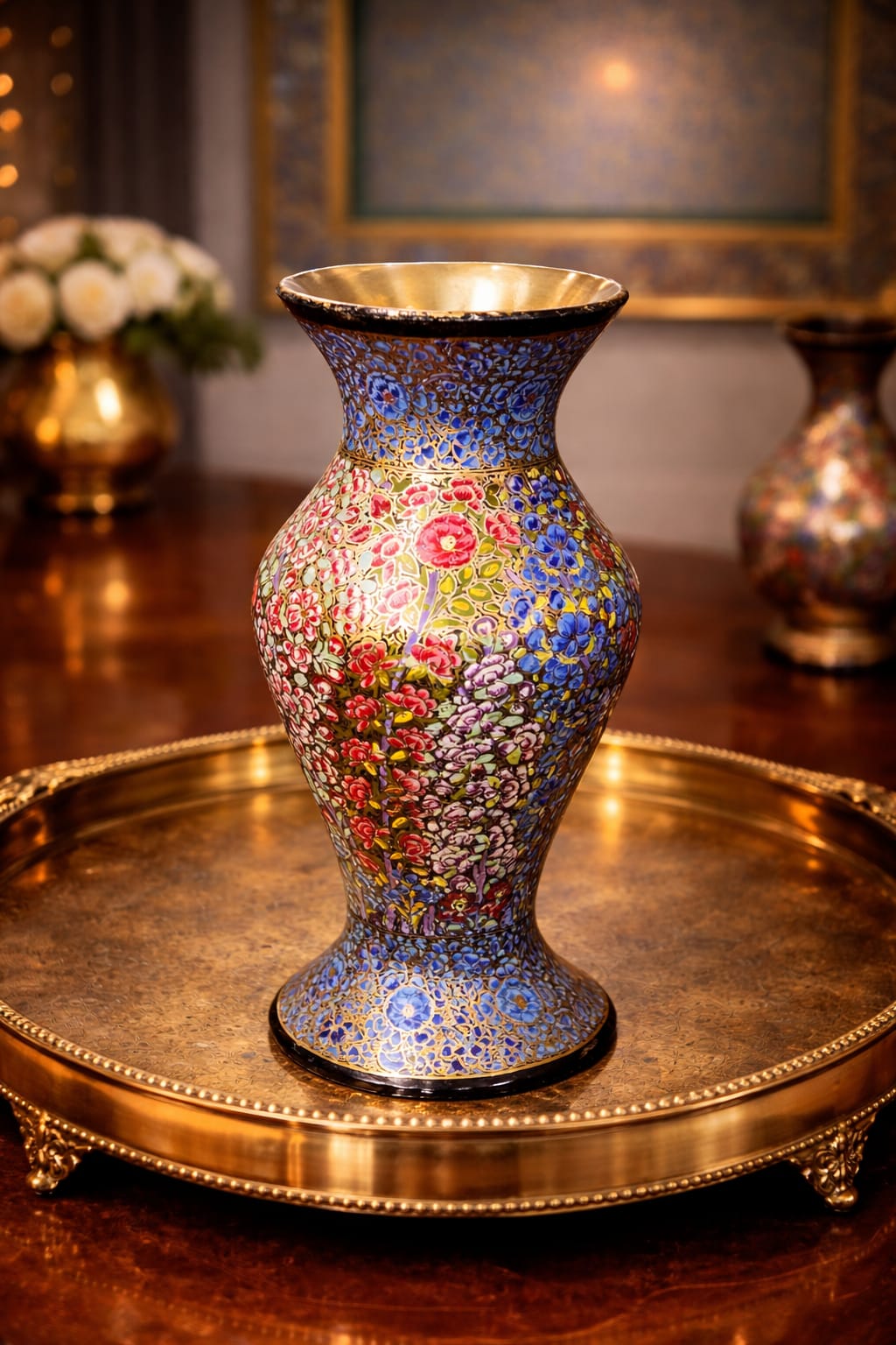 Blue Hazara , Hand Painted Brass Vase, Antique flower Vase, Paper Mache Flower Vase, Boho flower vase  with brass lining